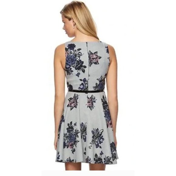 Elle Dress Sleeveless Gray Black Floral Print With Belt Size 12 - Picture 2 of 8